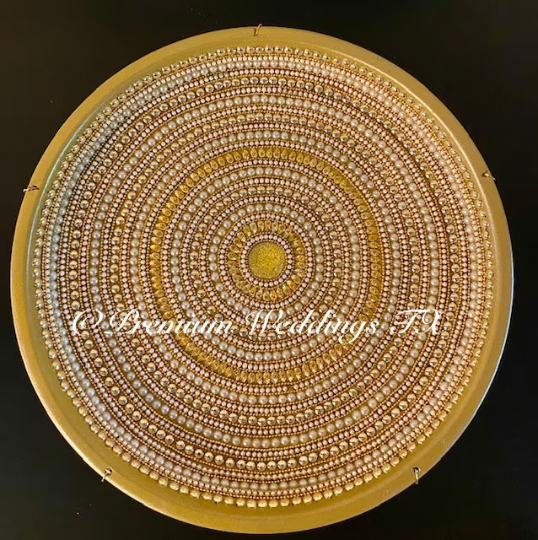 Gold Spiral Pearl Beaded Thaali, Mehndi Thaal, Mehndi Plates, Mehndi Thaali, Puja Thaali, Mehndi Decor, Mehndi, Haldi, Haldi Decor, Shaadi Decor, Shagun, Home Decor, Indian Wedding, Punjabi Wedding, Pakistani Wedding, Centerpiece Decor, Wedding Decor, Pearl Gold Embellished Thaali, Red Thaali, Embellished Thaali, Embellished Thaals, Thaali, Mehndi Thaals, Thaals