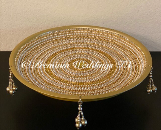 Gold Spiral Pearl Beaded Thaali, Mehndi Thaal, Mehndi Plates, Mehndi Thaali, Puja Thaali, Mehndi Decor, Mehndi, Haldi, Haldi Decor, Shaadi Decor, Shagun, Home Decor, Indian Wedding, Punjabi Wedding, Pakistani Wedding, Centerpiece Decor, Wedding Decor, Pearl Gold Embellished Thaali, Red Thaali, Embellished Thaali, Embellished Thaals, Thaali, Mehndi Thaals, Thaals