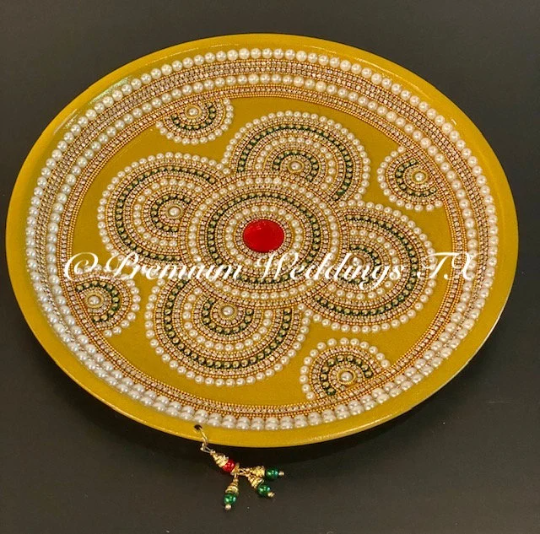 Gold/Green/Pearl Flower Mandala Thaali, Mehndi Thaal, Mehndi Plates, Mehndi Thaali, Puja Thaali, Mehndi Decor, Mehndi, Haldi, Haldi Decor, Shaadi Decor, Shagun, Home Decor, Indian Wedding, Punjabi Wedding, Pakistani Wedding, Centerpiece Decor, Wedding Decor, Pearl Gold Embellished Thaali, Red Thaali, Embellished Thaali, Embellished Thaals, Thaali, Mehndi Thaals, Thaals