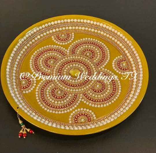 Gold/Red/Pearl Flower Mandala Thaali, Mehndi Thaal, Mehndi Plates, Mehndi Thaali, Puja Thaali, Mehndi Decor, Mehndi, Haldi, Haldi Decor, Shaadi Decor, Shagun, Home Decor, Indian Wedding, Punjabi Wedding, Pakistani Wedding, Centerpiece Decor, Wedding Decor, Pearl Gold Embellished Thaali, Red Thaali, Embellished Thaali, Embellished Thaals, Thaali, Mehndi Thaals, Thaals