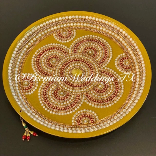 Gold/Red/Pearl Flower Mandala Thaali, Mehndi Thaal, Mehndi Plates, Mehndi Thaali, Puja Thaali, Mehndi Decor, Mehndi, Haldi, Haldi Decor, Shaadi Decor, Shagun, Home Decor, Indian Wedding, Punjabi Wedding, Pakistani Wedding, Centerpiece Decor, Wedding Decor, Pearl Gold Embellished Thaali, Red Thaali, Embellished Thaali, Embellished Thaals, Thaali, Mehndi Thaals, Thaals