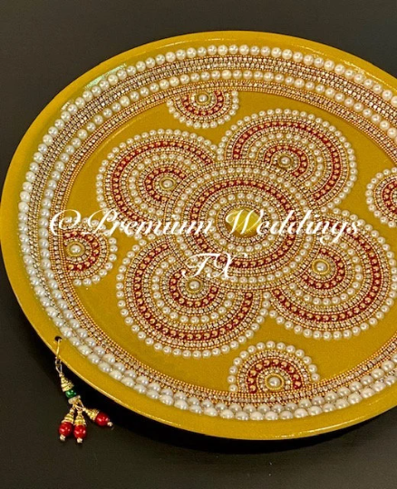 Gold/Red/Pearl Flower Mandala Thaali, Mehndi Thaal, Mehndi Plates, Mehndi Thaali, Puja Thaali, Mehndi Decor, Mehndi, Haldi, Haldi Decor, Shaadi Decor, Shagun, Home Decor, Indian Wedding, Punjabi Wedding, Pakistani Wedding, Centerpiece Decor, Wedding Decor, Pearl Gold Embellished Thaali, Red Thaali, Embellished Thaali, Embellished Thaals, Thaali, Mehndi Thaals, Thaals