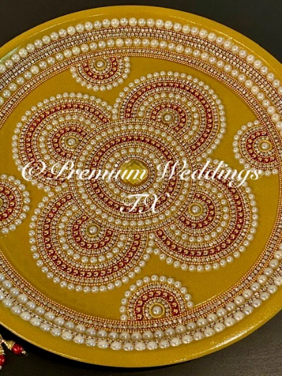 Gold/Red/Pearl Flower Mandala Thaali, Mehndi Thaal, Mehndi Plates, Mehndi Thaali, Puja Thaali, Mehndi Decor, Mehndi, Haldi, Haldi Decor, Shaadi Decor, Shagun, Home Decor, Indian Wedding, Punjabi Wedding, Pakistani Wedding, Centerpiece Decor, Wedding Decor, Pearl Gold Embellished Thaali, Red Thaali, Embellished Thaali, Embellished Thaals, Thaali, Mehndi Thaals, Thaals