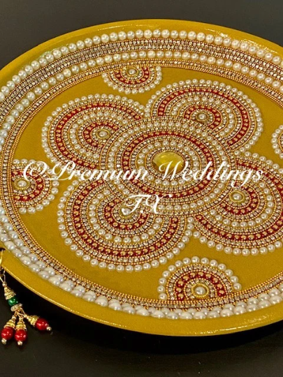 Gold/Red/Pearl Flower Mandala Thaali, Mehndi Thaal, Mehndi Plates, Mehndi Thaali, Puja Thaali, Mehndi Decor, Mehndi, Haldi, Haldi Decor, Shaadi Decor, Shagun, Home Decor, Indian Wedding, Punjabi Wedding, Pakistani Wedding, Centerpiece Decor, Wedding Decor, Pearl Gold Embellished Thaali, Red Thaali, Embellished Thaali, Embellished Thaals, Thaali, Mehndi Thaals, Thaals