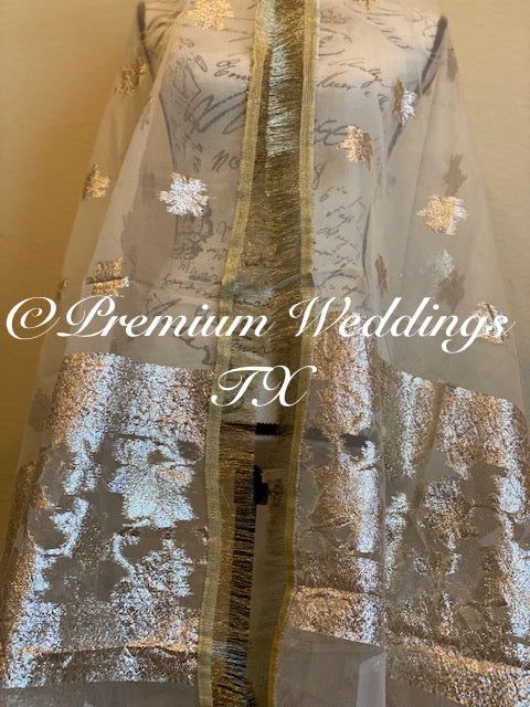 White Gold Banarsi Dupatta - Premium Weddings TX