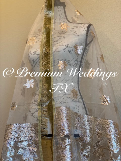 White Gold Banarsi Dupatta - Premium Weddings TX