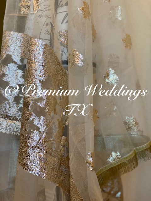 White Gold Banarsi Dupatta - Premium Weddings TX