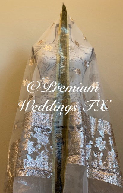White Gold Banarsi Dupatta - Premium Weddings TX