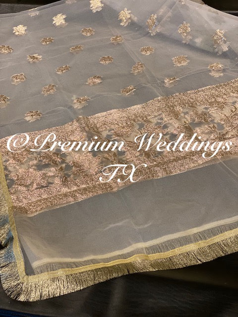White Gold Banarsi Dupatta - Premium Weddings TX