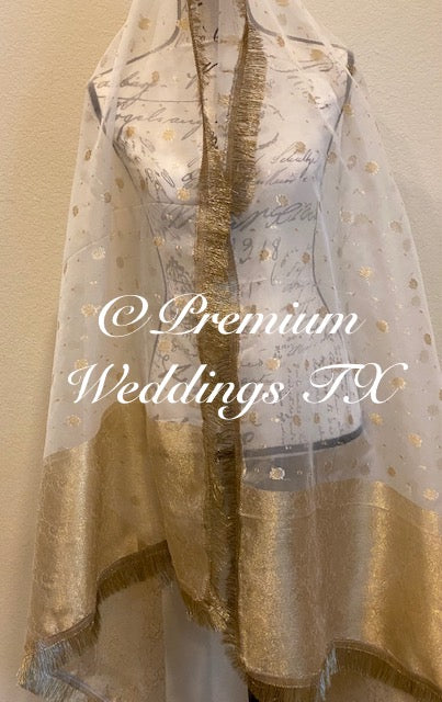 White Pastel Gold Banarsi Dupatta - Premium Weddings TX