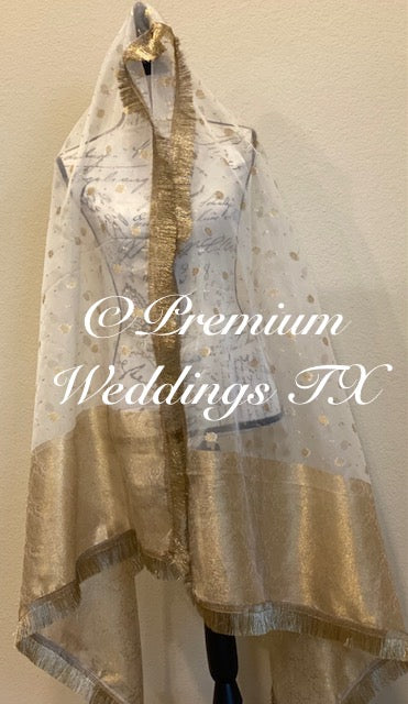 White Pastel Gold Banarsi Dupatta - Premium Weddings TX