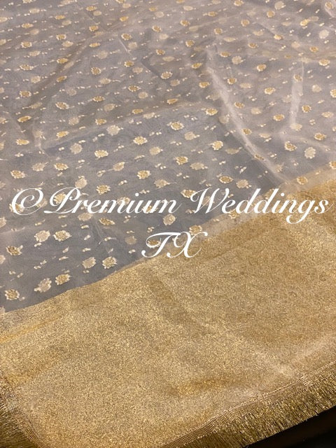 White Pastel Gold Banarsi Dupatta - Premium Weddings TX