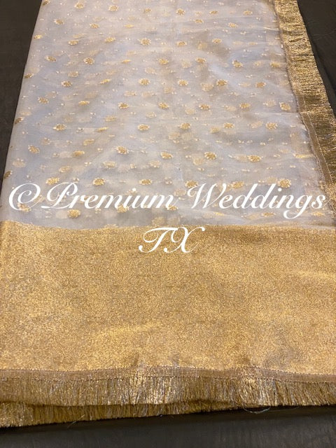 White Pastel Gold Banarsi Dupatta - Premium Weddings TX