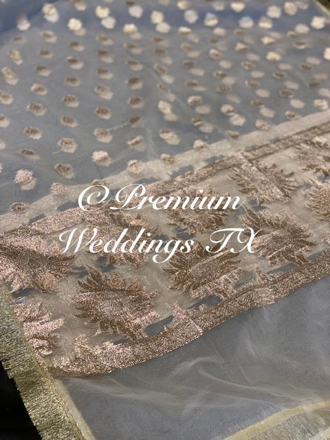 White Pastel Rose Gold Banarsi Dupatta - Premium Weddings TX