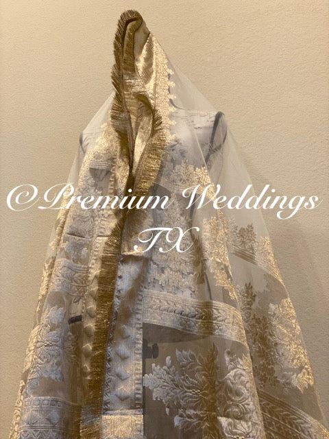 White Heavy Gold Banarsi Dupatta - Premium Weddings TX