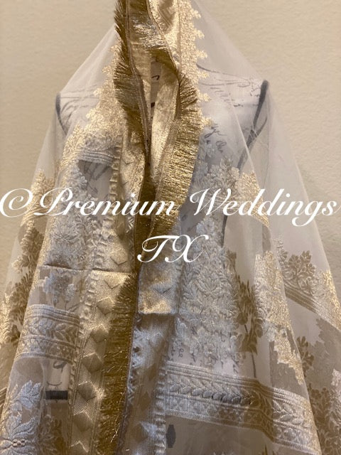 White Heavy Gold Banarsi Dupatta - Premium Weddings TX