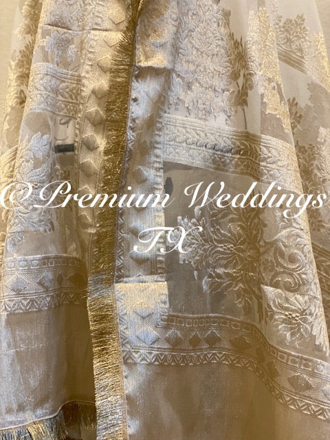 White Heavy Gold Banarsi Dupatta - Premium Weddings TX