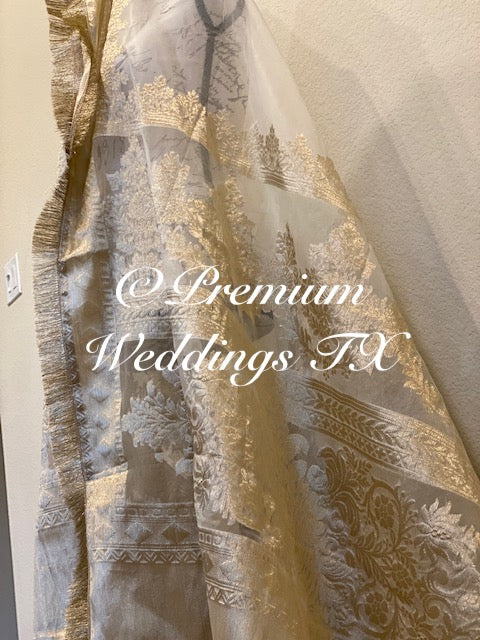 White Heavy Gold Banarsi Dupatta - Premium Weddings TX