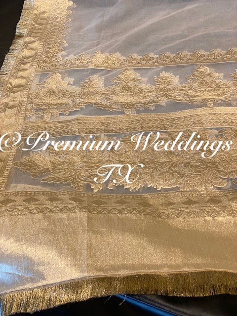 White Heavy Gold Banarsi Dupatta - Premium Weddings TX