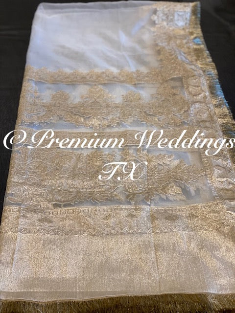 White Heavy Gold Banarsi Dupatta - Premium Weddings TX