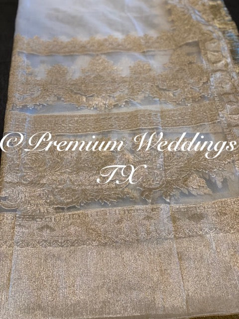 White Heavy Gold Banarsi Dupatta - Premium Weddings TX
