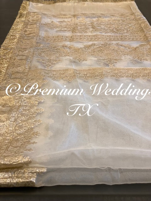 White Heavy Gold Banarsi Dupatta - Premium Weddings TX