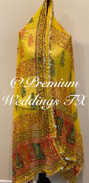 Yellow Block Print Mirror Work Dupatta