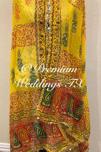 Yellow Block Print Mirror Work Dupatta