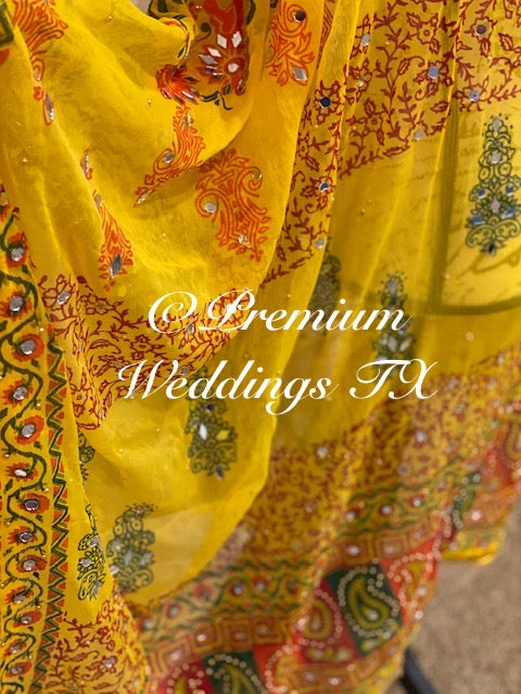 Yellow Block Print Mirror Work Dupatta