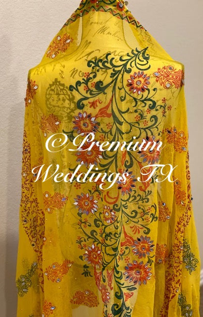 Yellow Block Print Mirror Work Dupatta - Premium Weddings TX