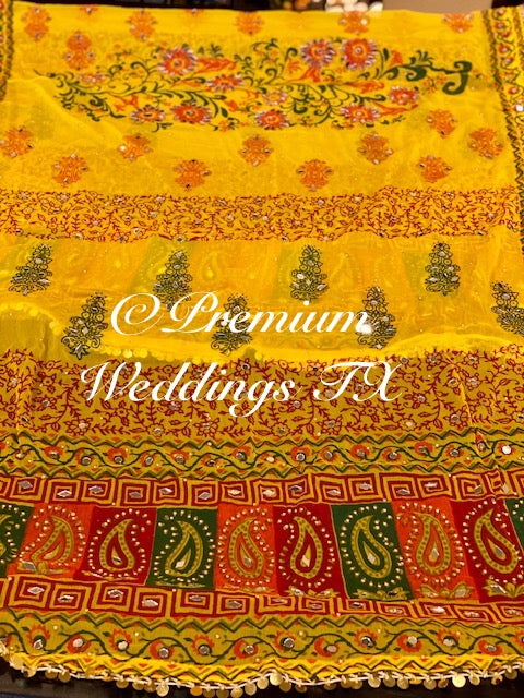 Yellow Block Print Mirror Work Dupatta - Premium Weddings TX