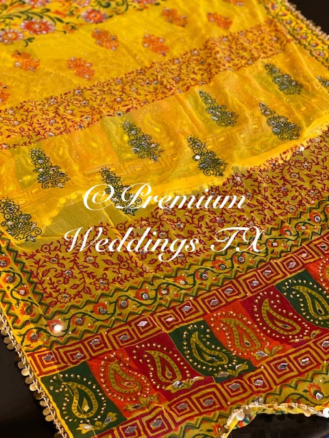 Yellow Block Print Mirror Work Dupatta