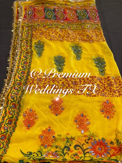 Yellow Block Print Mirror Work Dupatta