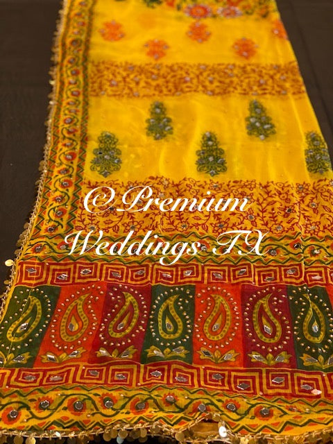 Yellow Block Print Mirror Work Dupatta