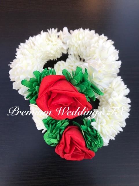 Red Rose Flower White & Green Frill Gajra Bangles, Gajra, Flower Gajra, Bangles, Mehndi, Mehndi Bangles, Mayoon, Mayoon Bangles, Indian Wedding, Pakistani Wedding, Shaadi, Dulhan, Bridesmaids gifts, corsages, wedding favors, favors, gajra favors 