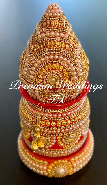 Red Gold Pearl Kalash With Coconut Cover