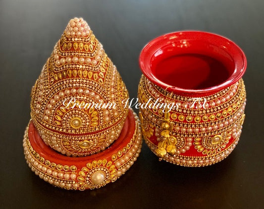 Red Gold Pearl Kalash With Coconut Cover