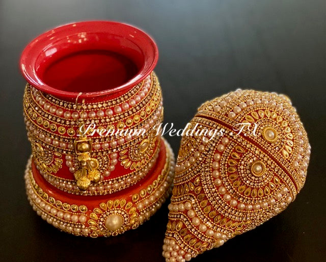 Red Gold Pearl Kalash With Coconut Cover