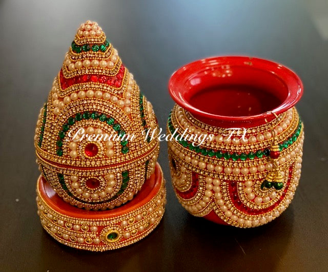 Red Green Kalash With Coconut Cover - Red Base Color