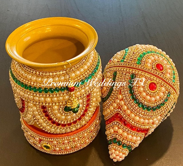 Red Green Kalash With Coconut Cover - Gold Base Color