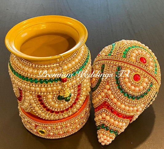 Red Green Kalash With Coconut Cover - Gold Base Color