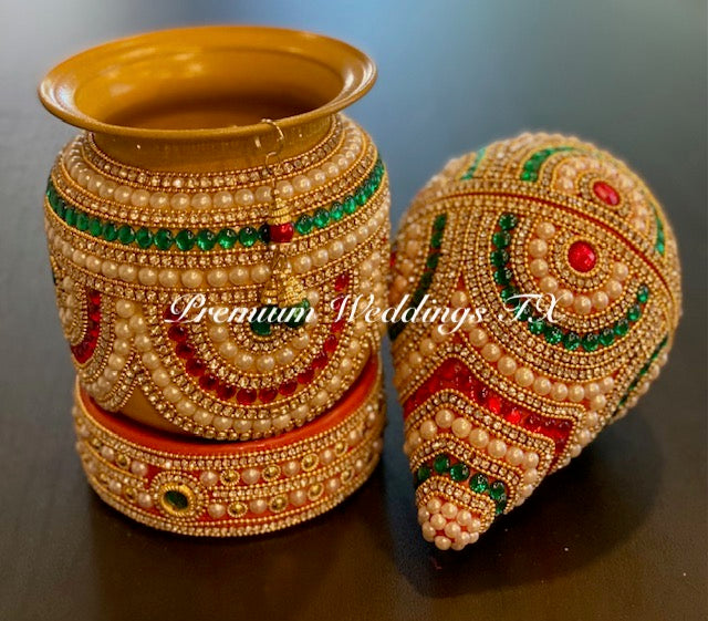 Red Green Kalash With Coconut Cover - Gold Base Color