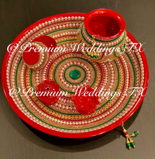 Red Green Puja Thaali Set - Handmade - Premium Weddings TX