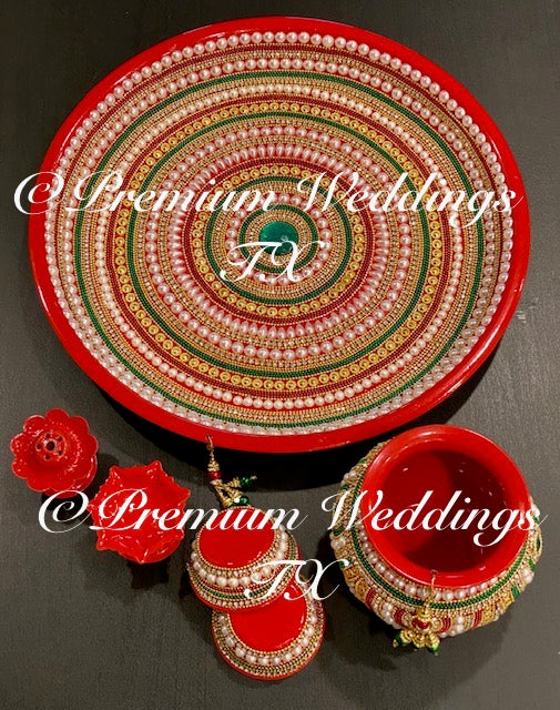 Red Green Puja Thaali Set - Handmade