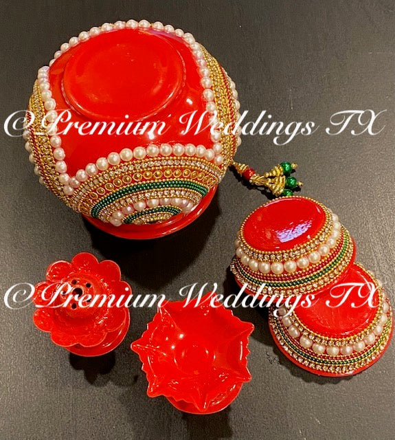 Red Green Puja Thaali Set - Handmade