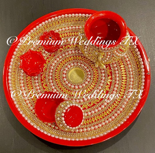 Red Gold Mandala Puja Thaali Set - Handmade - Premium Weddings TX