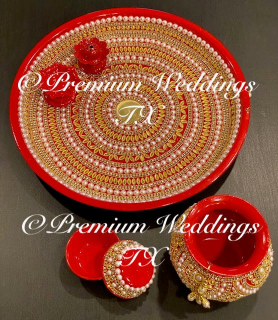 Red Gold Mandala Puja Thaali Set - Handmade - Premium Weddings TX