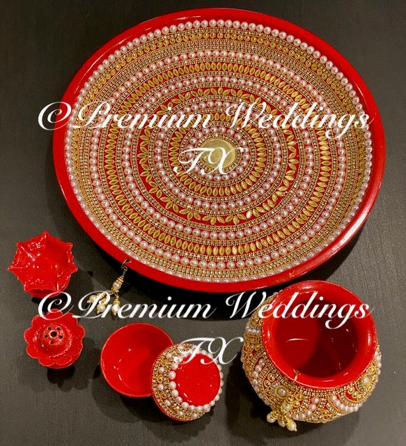 Red Gold Mandala Puja Thaali Set - Handmade - Premium Weddings TX