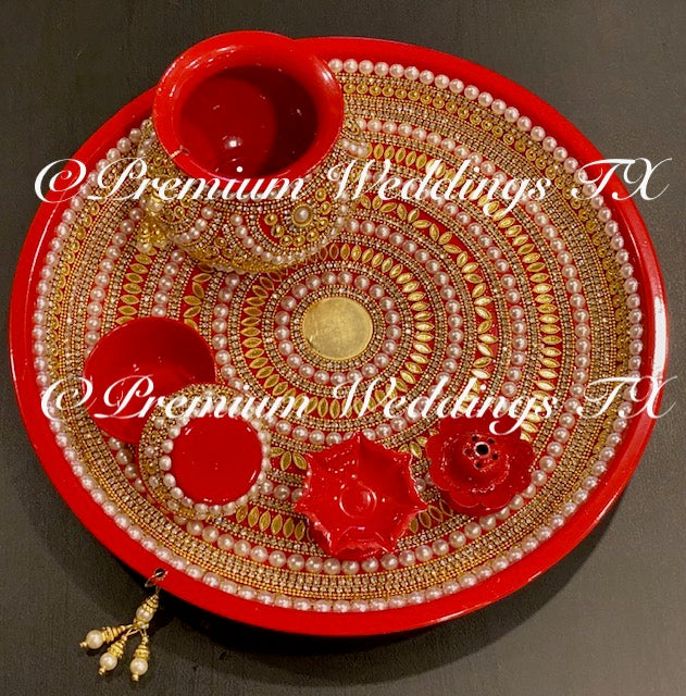 Red Gold Mandala Puja Thaali Set - Handmade - Premium Weddings TX