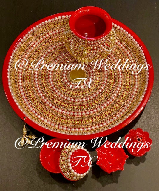 Red Gold Circular Puja Thaali Set - Handmade - Premium Weddings TX